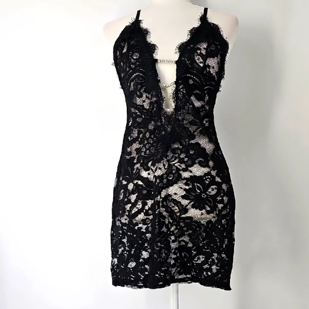 Sheer Black Lace Mini Deep Vneck Nightgown w Crystal Embellishments Whimsigoth